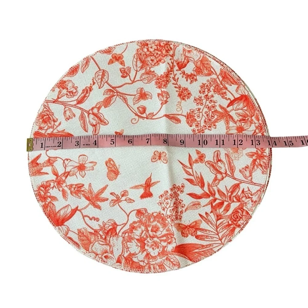 NWT Round Red Hydrangea Flowers Branches Chinoiserie Spring Placemats Set 4,14in